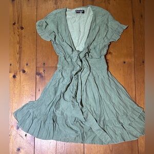 Chic Olive Green Mini Dress – Tie Top, Ruffle Hem (M)